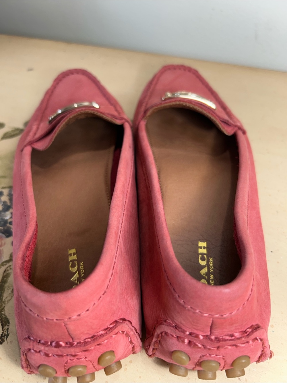 Coach Napoleon Salmon Pink Coral Suede Gold Buckle Driving Loafers - Picture 5 of 15